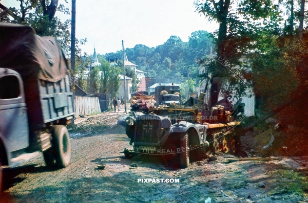 2 blown up German army half-track on drive to Stalingrad 1942. Russian aerial attack.  297 Infantry Division 