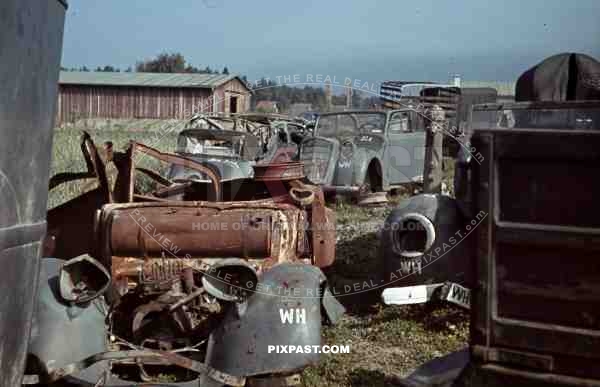 50.Inf.Div. Versorgungseinheiten 354. Latour-de-Carol, France 1940. Wehrmacht, scrap, heap, cars, destroyed.