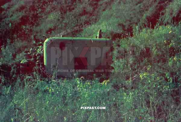 A defense machine gun bunker / pillbox on the Germany Czechoslovakia border 1938. Photographed by German tourists