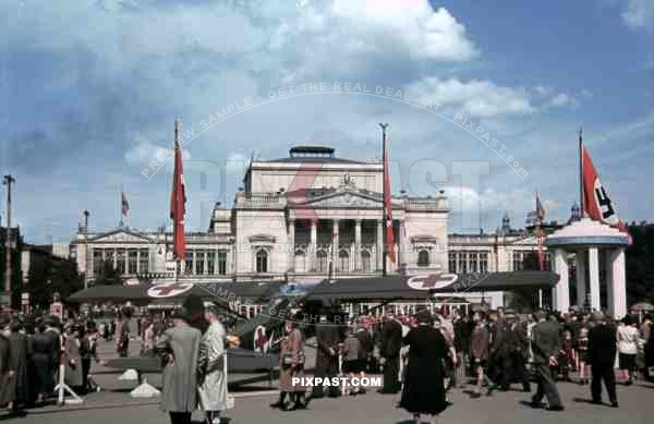 A Fieseler Storch plane at the Augustustplatz in Leipzig, Germany 1940. New Theater