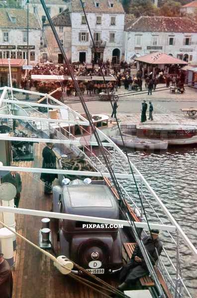 A German chemist transporting his private car on a small KDF ship in harbor in Yugoslavia 1939