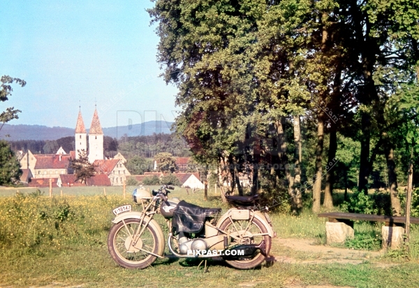 A German DKW motorbike or NSU 601 TS 1937. License plate. V-18147. Vogtland Sachsen Germany  summer 1939