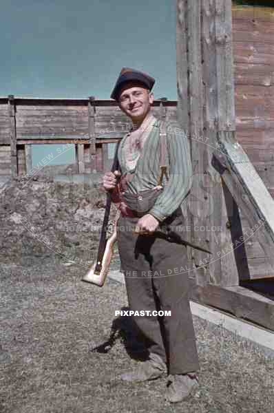 A German soldier wearing a captured Polish army hat. Shooting Training grounds in Poland 1939