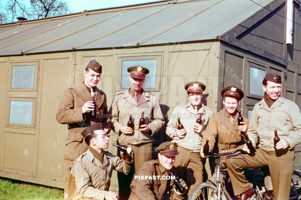 American army officers drinking British beer in their army camp. England 1944 before D-Day invasion 1944