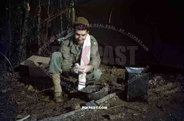 American GI soldier 9th air force resting in forest camp. Erlangen near Nuremberg Bavaria 1945.