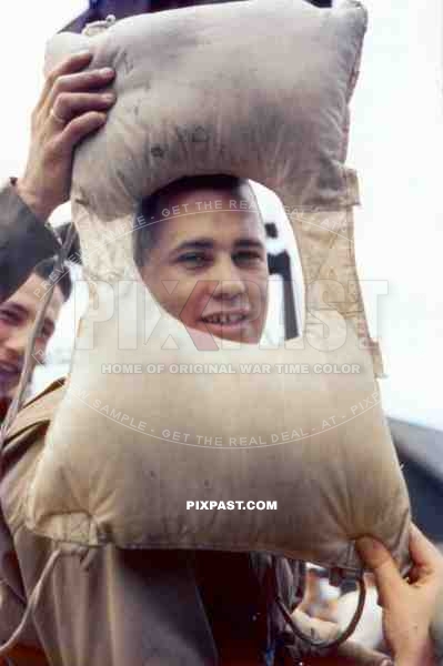 American GI with his Life Jacket on board a landing craft off shore from the beaches of Omaha Normandy D-Day plus 10