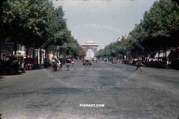 American military cars and trucks at the Arc de Triomphe in Paris, France 1945