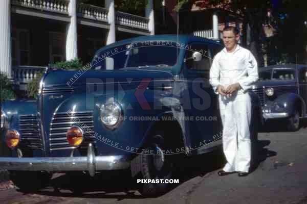 American Navy sailor with P9 Roadking Plymouth Sedan. 65th Engineer Battalion. Schofield Barracks. Pearl Harbor. 1941