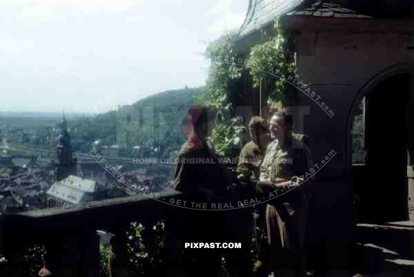 American officers of the 101st Cavalry Regiment in Heidelberg Germany 1945. Heiliggeistkirche Church in background.