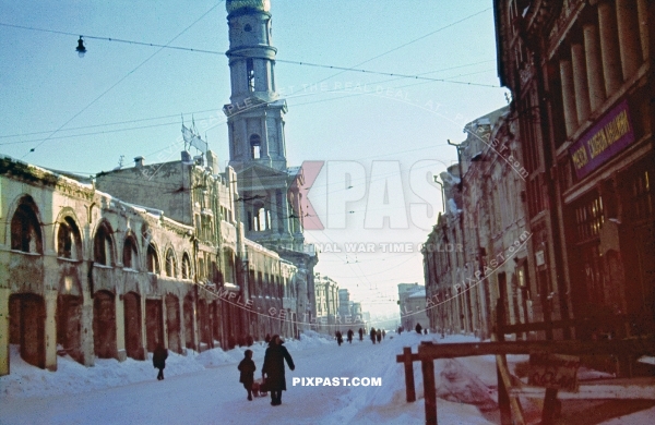 Assumption Cathedral in Kharkiv. Church on main shop street. Badly bombed. Kharkiv Ukraine 1942. Kharkov