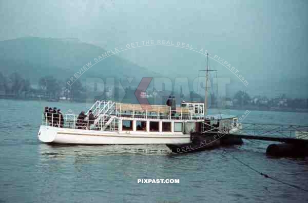 BAD GODESBERG, Nordrhein Westfalen, 1939, Tourist boat, Schiffsanleger, Rhine River, Behind Petersberg.