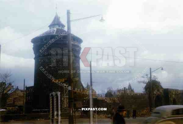 Badly damaged Frauentorturm and city wall stadtmauer, Nuremberg  Germany 1945. 101st Cavalry Regiment 