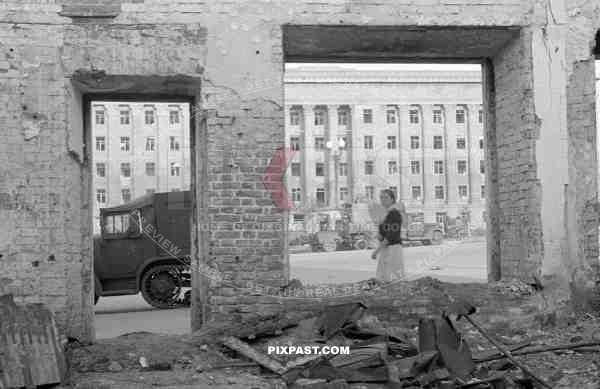 BW captured french half track bombed damaged russian city window 1943