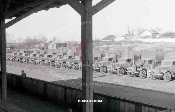 BW Captured french trucks lorries vans austrian motorised unit Russia summer 1943 carpark