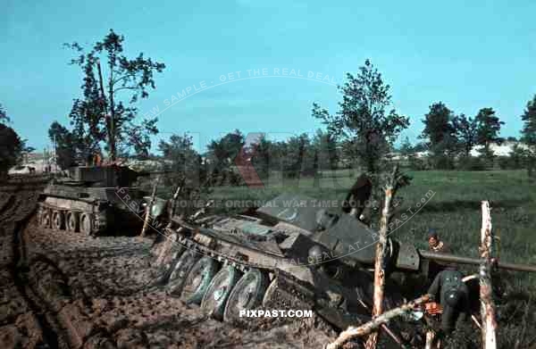 Captured Early Russian T34 and BT-7 Tank, Dubno Ukraine 1941, Battle of Brodny.  9. Infantry Division