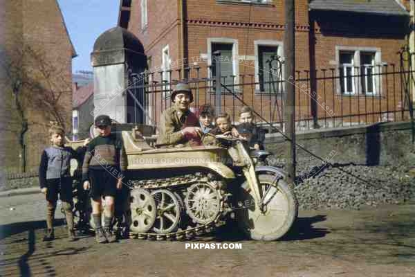 Captured German NSU Klein Kettenkrad half track bike in Normandy France 1944