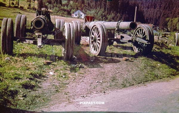 Captured heavy french army cannons artillery. Near Verdun France 1940.