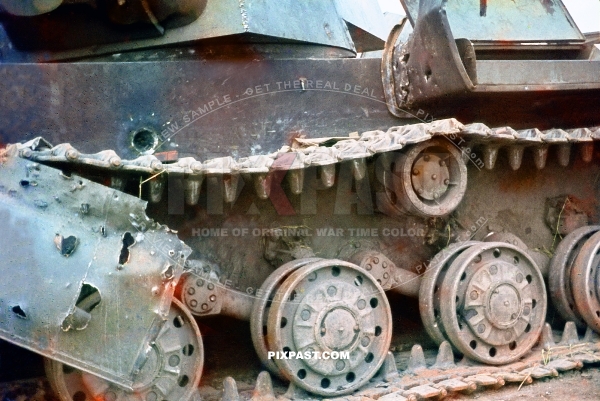 Captured Russian KV-1 model heavy tank 1942 near Stalingrad. Heavy damage from German artillery. 297 Infantry Division