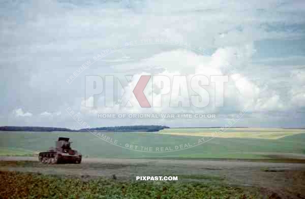 Captured Russian T-26 panzer tank (1933 version with cylindrical turret) Smolensk, summer 1942.