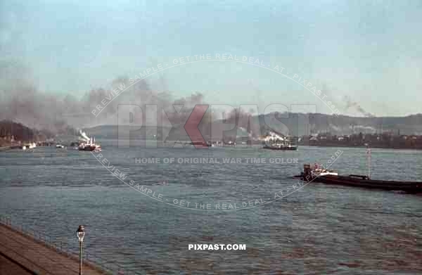 Cargo boats on the River Rhine, BAD GODESBERG, Nordrhein Westfalen, 1939,