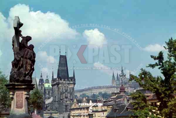 Charles Bridge crossing the Vltava river in Prague, Czech Republic 1940. Malostranska mostecka vez. Prague Castle