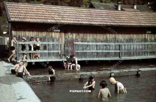 children learning to swim in open-air pool in Pfronten, Germany 1939