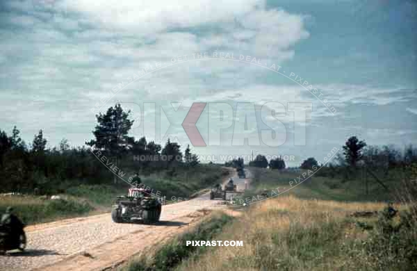 Column of Czech Panzer Tank 38T, Number 1104, 19th Panzer Division, Minsk, Russia, Summer 1941. Blitzkrieg,