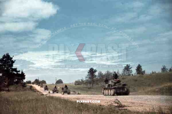 Column of Czech Panzer Tank 38T, Number 531, 19th Panzer Division, Minsk, Russia, Summer 1941. Blitzkrieg,