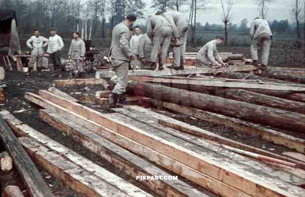 construction of a wooden bridge next to a broken rail bridge near Belgrade, Serbia ~1941