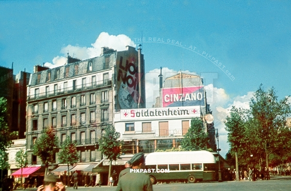 Converted Hotel to Germany Army Hospital Soldatenheim. Occupied Paris France 1940. Cinzano advert. Green city bus