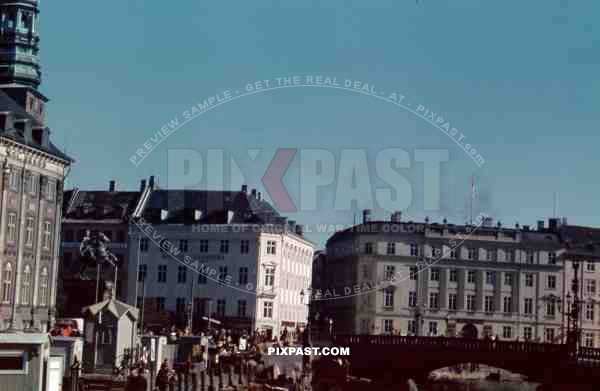 Copenhagen, Denmark 1942. Statue of Absalon, Hojbro Bridge, Nikolaj Kirke 