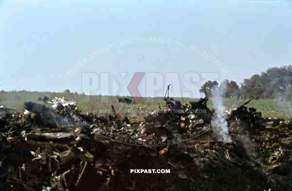 Crashed American USAF aircraft after day light attack near Paris, 1943. Total destruction. Palaiseau,