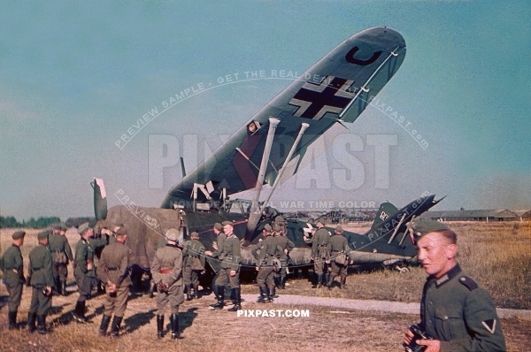 Crashed Luftwaffe Henschel Hs 126. German two-seat reconnaissance and observation aircraft. France 1940