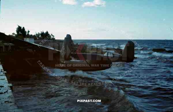 Damaged German Luftwaffe Seaplane Dornier Do 24, Tripoli harbour in Libya, 1942.