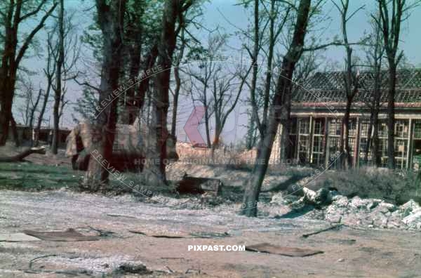 Destroyed Camouflage Truck in center garden of Reich Chancellery Berlin 1946