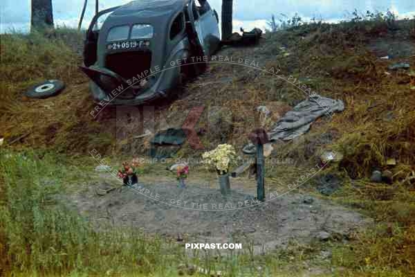 Destroyed French Staff Car beside Soldiers Grave, France 1940.