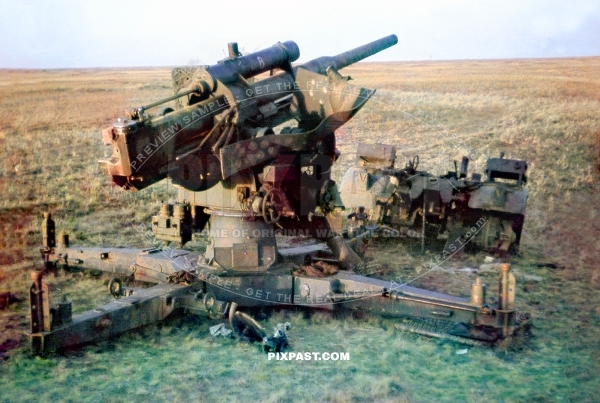 Destroyed German 88mm FLAK cannon with camouflage yellow paint. Near Stalingrad summer 1942. 297, Infantry, Division