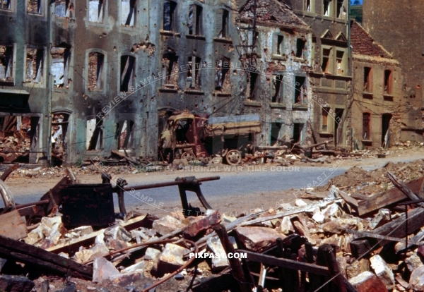 Destroyed German RSO Raupenschlepper tractor in heavily bombed Belgium town 1944