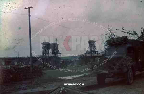 destroyed wooden bridge over the river Beresina, Russia 1941