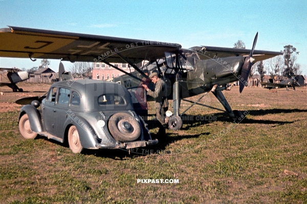 Fieseler Fi 156 Storch liaison aircraft collecting Generaloberst Richard Ruoff and Generaloberst Adolf Strauss. Ukraine 1942