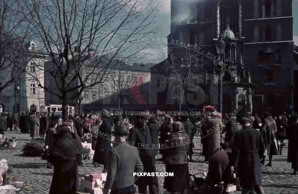 Food Market St. Mary_qt_s Basilica, KrakÃ³w Krakow Poland 1939 tram, strassenbahn