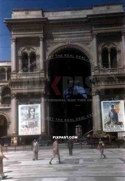 Galleria Vittorio Emanuele II, Piazza del Duomo, Milan Italy 1945, American and British troops arrive on truck.