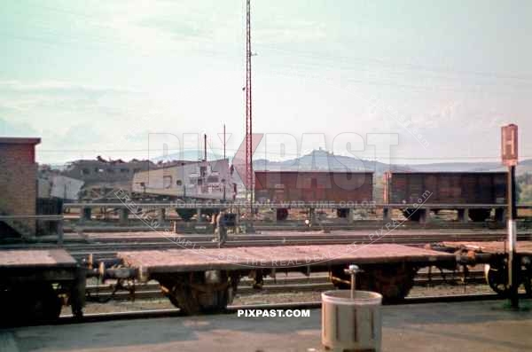 German airplane parts being transported by train for metal recycling. Freiburg im Breisgau Germany 1946