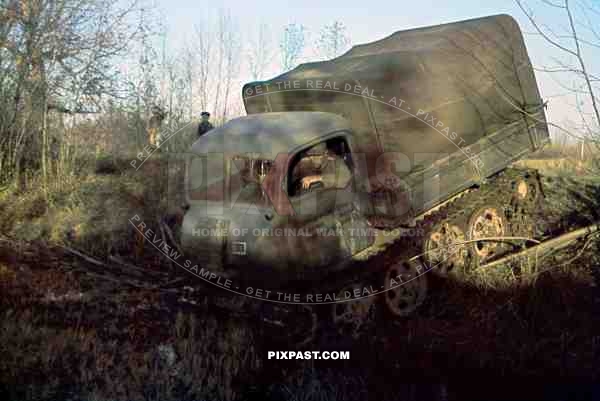 German army caterpillar truck RSO Raupenschlepper Ost. Steyr 1500A light truck. Moving food supplies. Russian front 1943