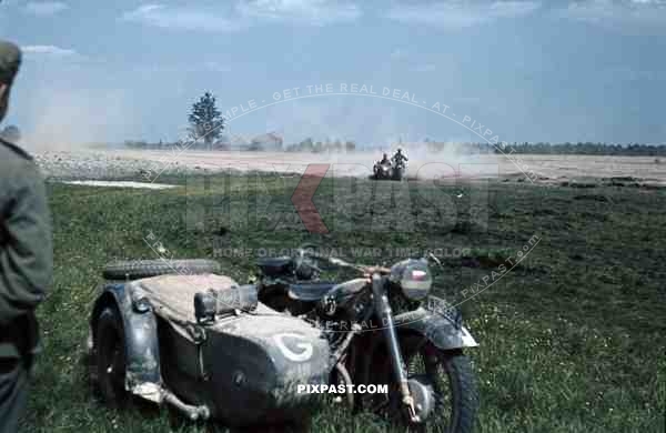 German BMW R12 Motorbike with sidecar, Military Messengers, Kradmelder, 3rd Panzer Division. Beresina 1941.