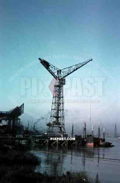 German Cargo Ship in Bordeaux Harbour France 1940. Large Crane and Industry.