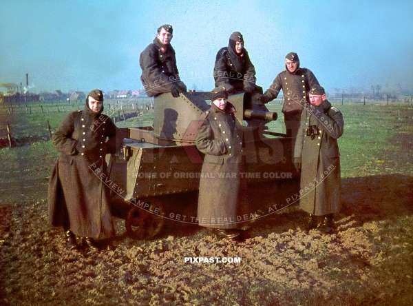 German FLAK soldiers near Paris France 1940 inspecting destroyed captured belgian T13 Tank panzer