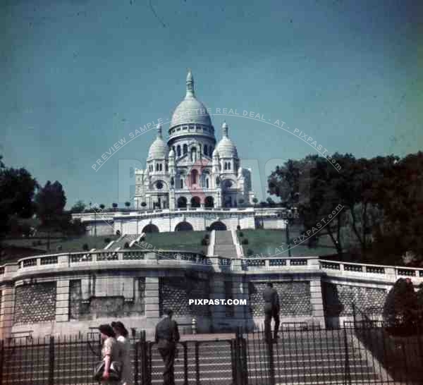 German flak soldiers steps of Church Cathedral Sacre Coeur Paris France 1940 tourists.