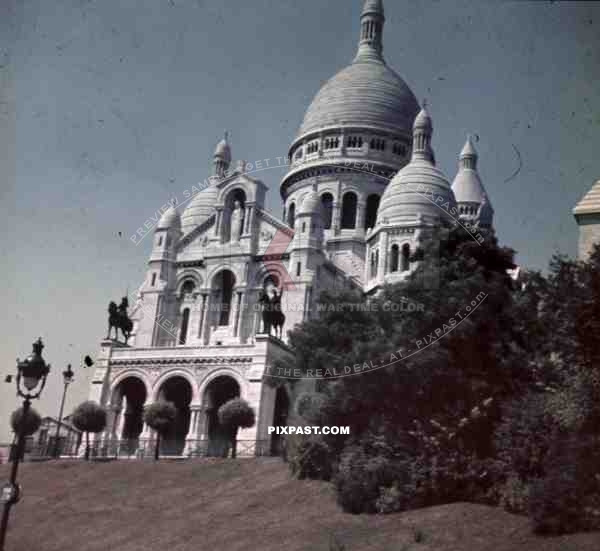 German flak soldiers steps of Church Cathedral Sacre Coeur Paris France 1940 tourists.