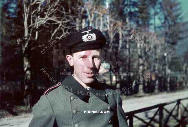 German Funker Radio Panzer soldier with Black Panzer Beret Schutzmutze in Ruhpolding Germany 1939